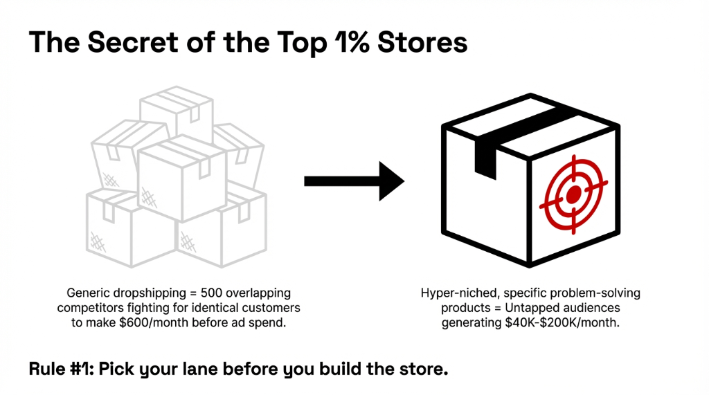 The secret of the top 1 percent of Shopify stores showing generic dropshipping versus hyper-niched specific problem-solving products