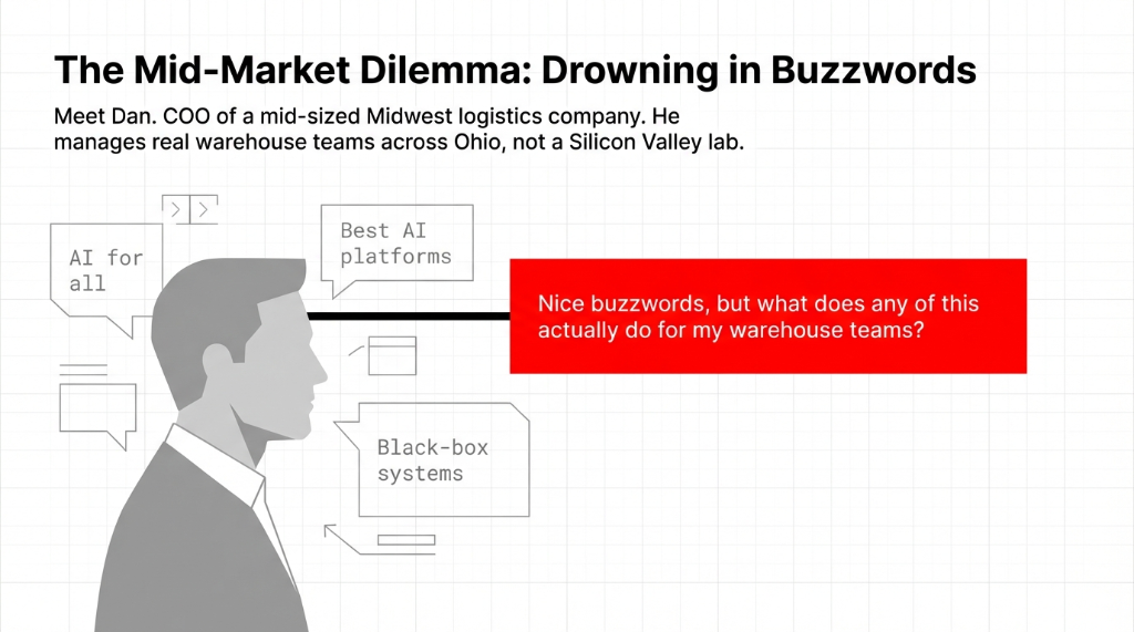 The Mid-Market Dilemma: Drowning in Buzzwords. Dan a COO of a mid-sized Midwest logistics company managing real warehouse teams across Ohio, not a Silicon Valley lab. Surrounded by floating buzzword speech bubbles saying AI for all, Best AI platforms, and Black-box systems. A red speech bubble reads: Nice buzzwords, but what does any of this actually do for my warehouse teams?