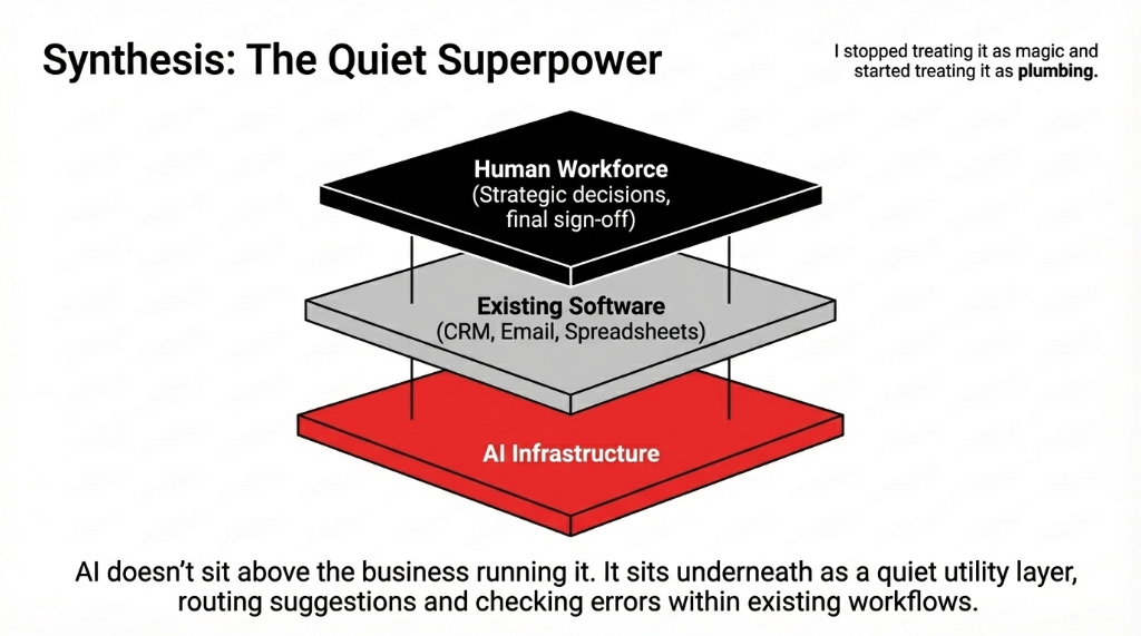 Synthesis: The Quiet Superpower. A three-layer stack diagram. The top black layer is Human Workforce handling Strategic decisions and final sign-off. The middle gray layer is Existing Software including CRM, Email, and Spreadsheets. The bottom red layer is AI Infrastructure. A quote reads: I stopped treating it as magic and started treating it as plumbing. AI does not sit above the business running it. It sits underneath as a quiet utility layer, routing suggestions and checking errors within existing workflows.