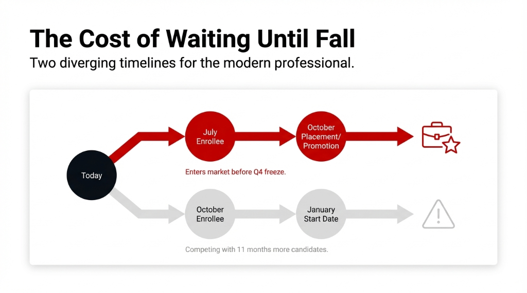 The Cost of Waiting Until Fall. Two diverging timelines: July Enrollee reaches October Placement or Promotion and enters market before Q4 freeze. October Enrollee has January Start Date and competes with 11 months more candidates.