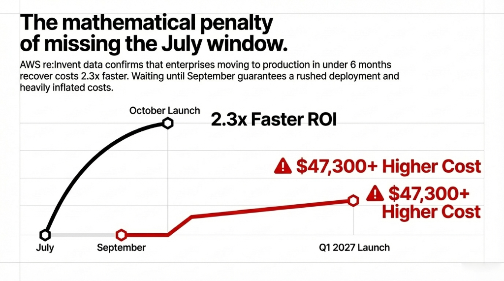 The mathematical penalty of missing the July window. Graph showing July start reaching October Launch with 2.3x Faster ROI versus September start leading to Q1 2027 Launch with $47,300 plus Higher Cost. AWS re:Invent data confirms that enterprises moving to production in under 6 months recover costs 2.3x faster. Waiting until September guarantees a rushed deployment and heavily inflated costs.
