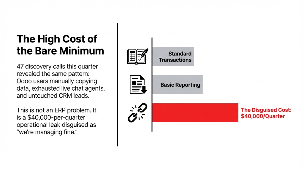 The High Cost of the Bare Minimum. 47 discovery calls this quarter revealed the same pattern: Odoo users manually copying data, exhausted live chat agents, and untouched CRM leads. Standard Transactions, Basic Reporting, then The Disguised Cost: $40,000 per Quarter. This is not an ERP problem. It is a $40,000-per-quarter operational leak disguised as we are managing fine.