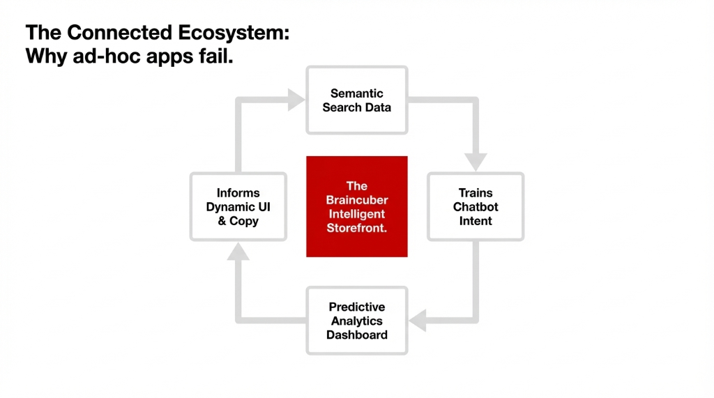 The Connected Ecosystem: Why ad-hoc apps fail. The Braincuber Intelligent Storefront at the center connects four components in a continuous loop: Semantic Search Data feeds into Trains Chatbot Intent, which feeds into Predictive Analytics Dashboard, which Informs Dynamic UI and Copy, which loops back to Semantic Search Data. Not separate apps bolted together - one connected intelligence layer.