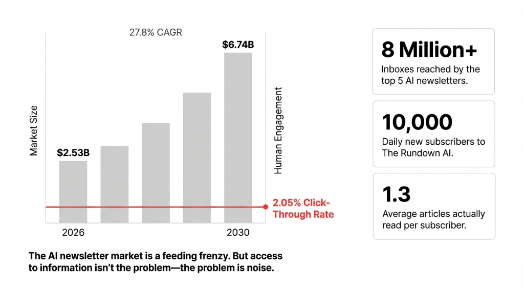 The AI newsletter market is a feeding frenzy &mdash; AI newsletter market from $2.53 billion in 2026 to $6.74 billion by 2030 at 27.8% CAGR. 8 million+ inboxes reached by the top 5 AI newsletters. 10,000 daily new subscribers to The Rundown AI. 1.3 average articles actually read per subscriber. 2.05% click-through rate for tech newsletters. Access to information is not the problem &mdash; the problem is noise.