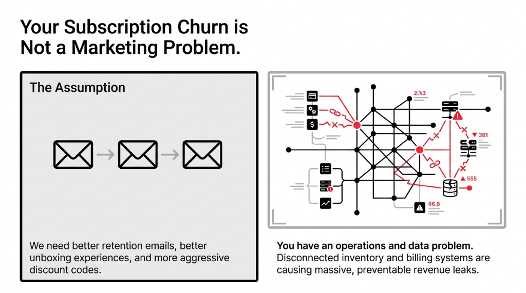 Your Subscription Churn is Not a Marketing Problem - The Assumption says we need better retention emails better unboxing experiences and more aggressive discount codes - The Reality shows you have an operations and data problem with disconnected inventory and billing systems causing massive preventable revenue leaks