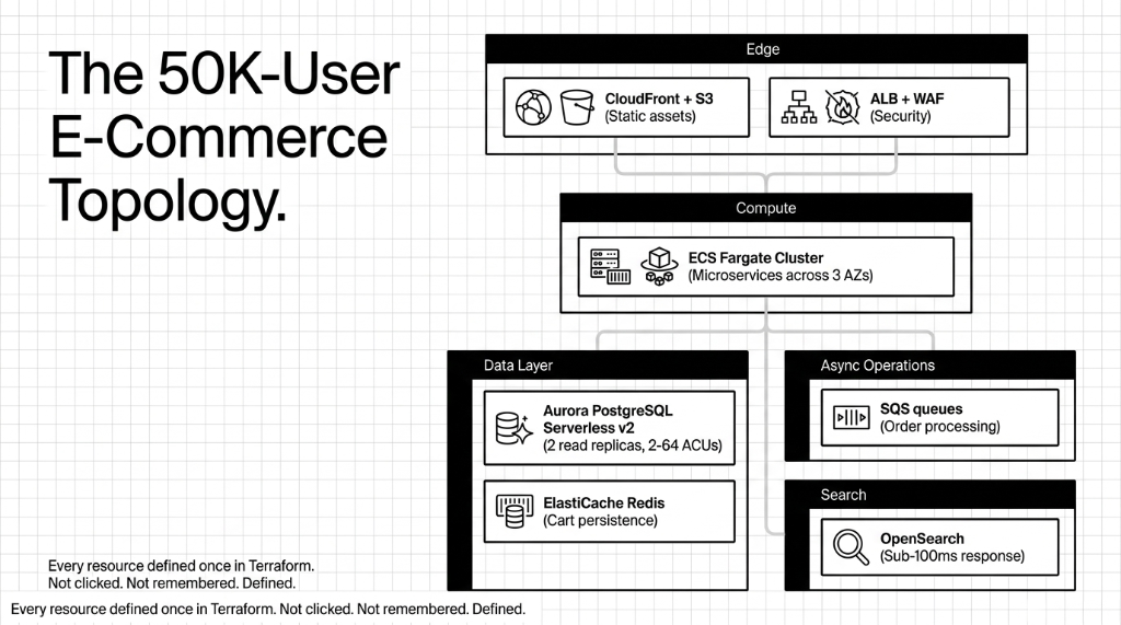 50K-user e-commerce AWS topology diagram showing edge layer with CloudFront plus S3 for static assets and ALB plus WAF for security connecting to compute layer with ECS Fargate cluster running microservices across 3 availability zones connected to data layer with Aurora PostgreSQL Serverless v2 with 2 read replicas scaling 2 to 64 ACUs and ElastiCache Redis for cart persistence plus async operations with SQS queues for order processing and OpenSearch for sub-100ms product search with every resource defined once in Terraform
