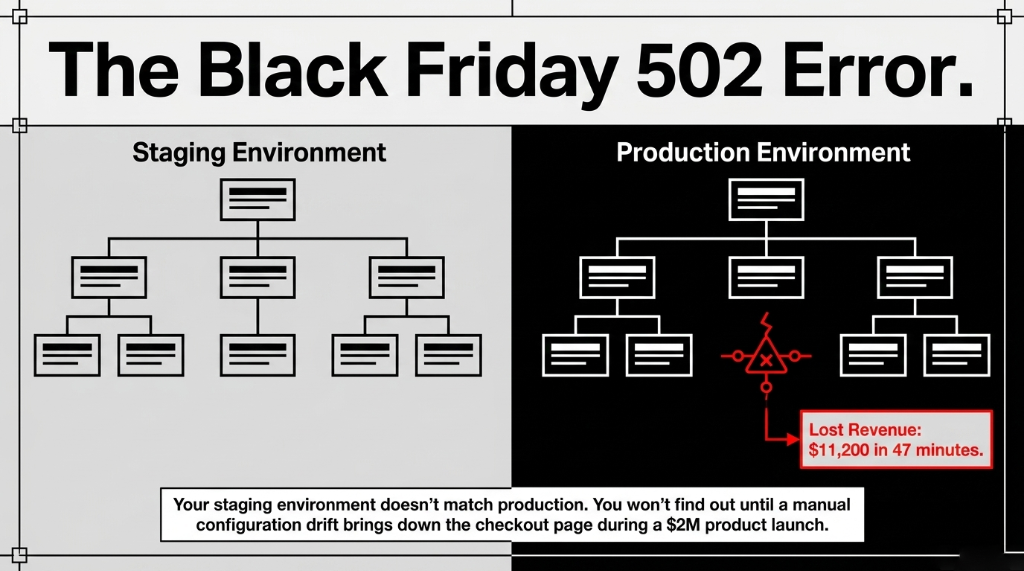 Black Friday 502 error diagram comparing staging environment with clean infrastructure tree to production environment with broken node causing configuration drift and lost revenue of 11200 dollars in 47 minutes because staging does not match production and manual configuration drift brings down the checkout page during a 2 million dollar product launch