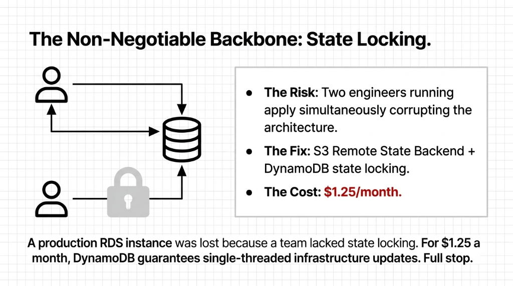Terraform state locking architecture diagram showing two engineers simultaneously running apply commands that could corrupt the infrastructure state with the fix being S3 remote state backend plus DynamoDB state locking costing only 1.25 dollars per month with warning that a production RDS instance was lost because a team lacked state locking and for 1.25 a month DynamoDB guarantees single-threaded infrastructure updates