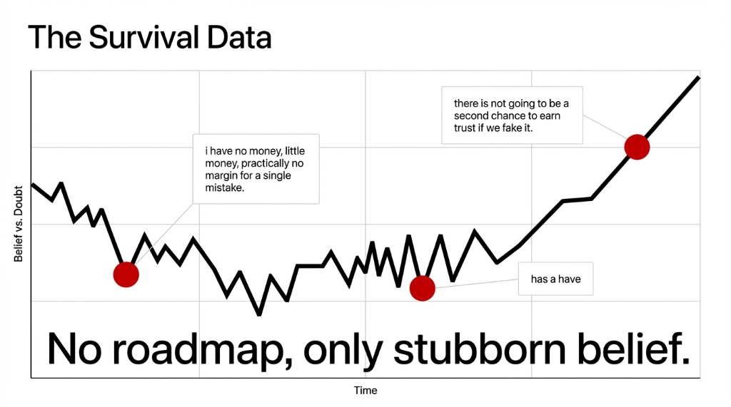 The Survival Data &mdash; a Belief vs. Doubt graph over time showing the volatile early journey. Annotated with real notebook scribbles: 'I have no money, little money, practically no margin for a single mistake' and 'there is not going to be a second chance to earn trust if we fake it.' Bottom line: No roadmap, only stubborn belief.