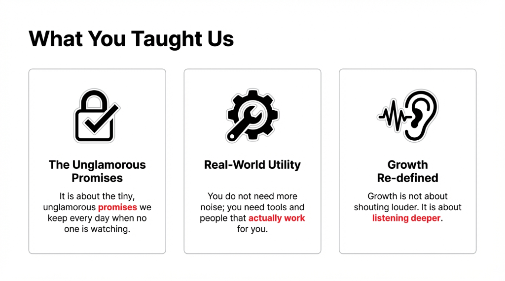 What You Taught Us &mdash; three pillars: The Unglamorous Promises (it is about the tiny, unglamorous promises we keep every day when no one is watching), Real-World Utility (you do not need more noise; you need tools and people that actually work for you), Growth Re-defined (growth is not about shouting louder, it is about listening deeper).