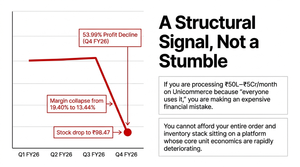 A Structural Signal Not a Stumble showing Unicommerce 53.99 percent profit decline in Q4 FY26 with margin collapse from 19.40 percent to 13.44 percent and stock drop to 98.47 rupees warning that brands processing 50L to 5Cr per month on Unicommerce are making an expensive financial mistake