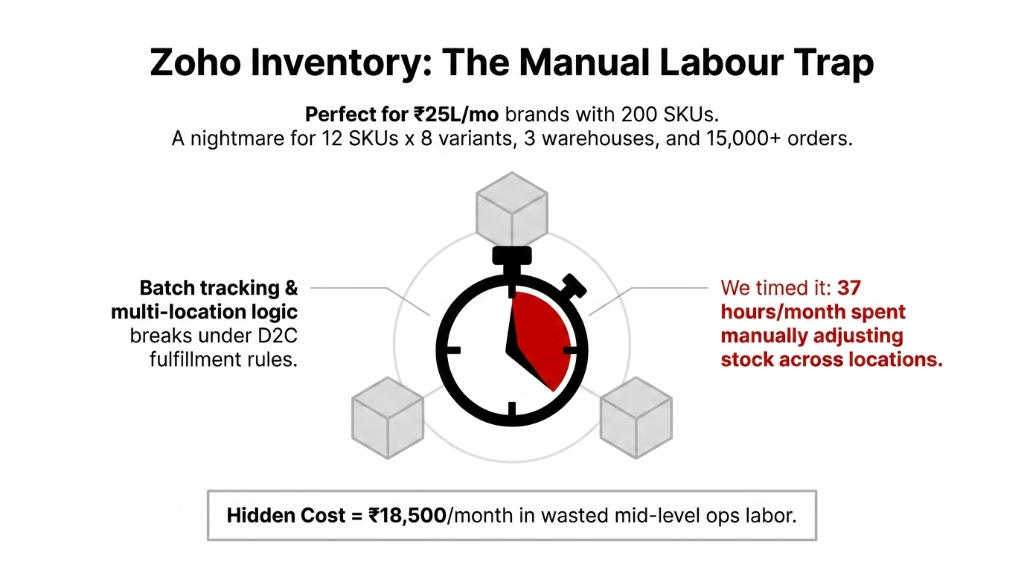 Zoho Inventory The Manual Labour Trap showing a stopwatch diagram for brands with 12 SKUs x 8 variants 3 warehouses and 15000 plus orders where batch tracking and multi-location logic breaks under D2C fulfillment rules with 37 hours per month spent manually adjusting stock across locations costing 18500 rupees per month in wasted mid-level ops labor