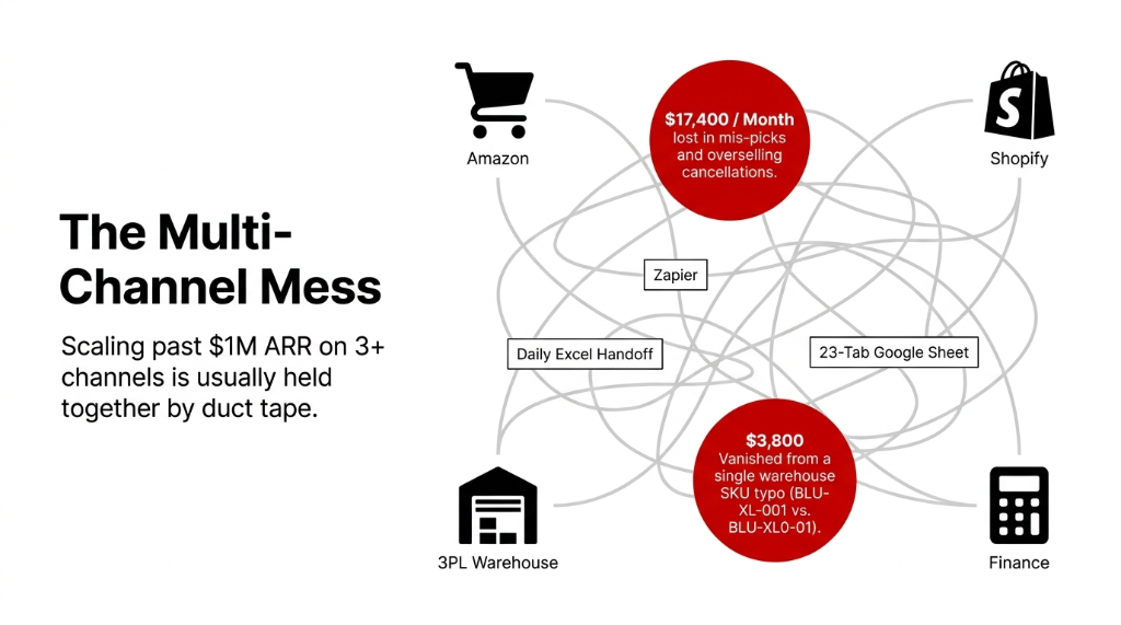 The Multi-Channel Mess showing scaling past 1M ARR on 3 plus channels held together by duct tape with Amazon Shopify 3PL Warehouse and Finance connected by Zapier Daily Excel Handoff and 23-Tab Google Sheet with 17400 dollars per month lost in mis-picks and overselling cancellations and 3800 dollars vanished from a single warehouse SKU typo BLU-XL-001 vs BLU-XL0-01