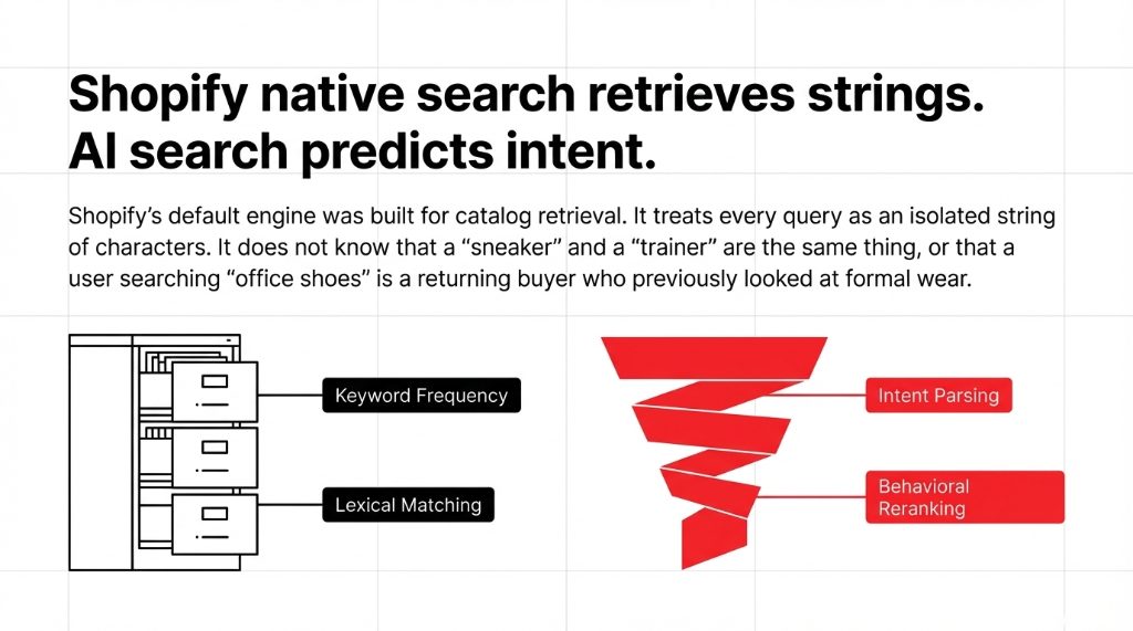 Shopify native search retrieves strings. AI search predicts intent.