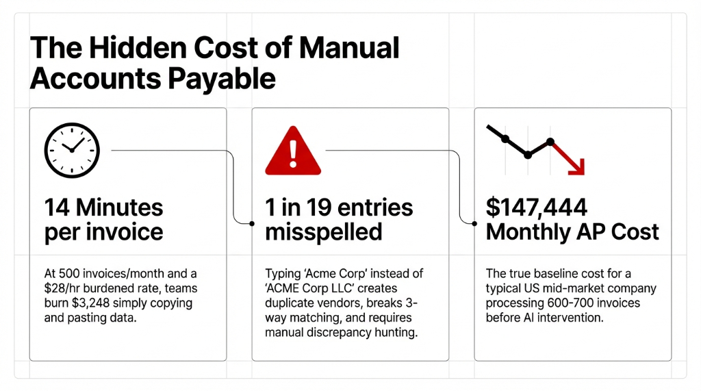 The hidden cost of manual accounts payable showing 14 minutes per invoice, 1 in 19 entries misspelled, and $147,444 monthly AP cost for a typical US mid-market company