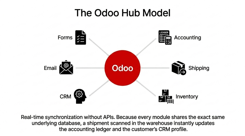 The Odoo Hub Model showing Odoo at center connected to Forms Accounting Email Shipping CRM and Inventory - Real-time synchronization without APIs because every module shares the exact same underlying database a shipment scanned in the warehouse instantly updates the accounting ledger and the customer CRM profile