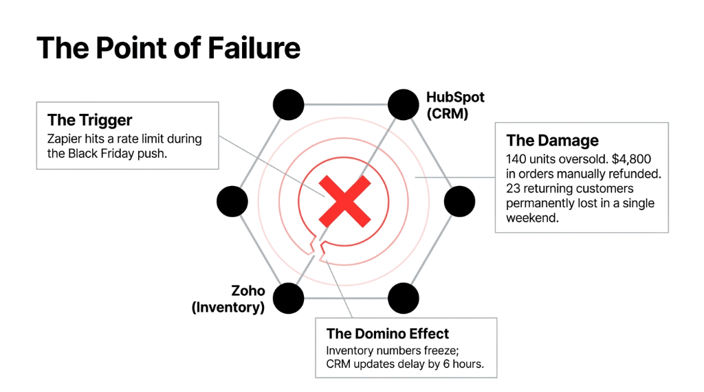 The Point of Failure - The Trigger Zapier hits a rate limit during the Black Friday push - HubSpot CRM and Zoho Inventory connected through fragile integration - The Domino Effect inventory numbers freeze CRM updates delay by 6 hours - The Damage 140 units oversold 4800 dollars in orders manually refunded 23 returning customers permanently lost in a single weekend