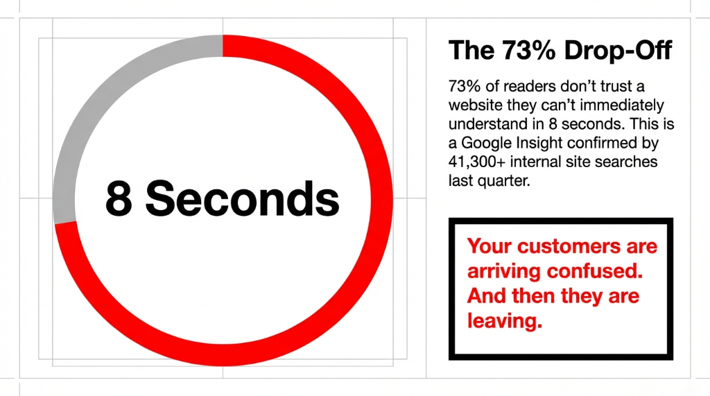 73% of readers don't trust a website they can't understand in 8 seconds &mdash; confirmed by 41,300+ internal site searches last quarter