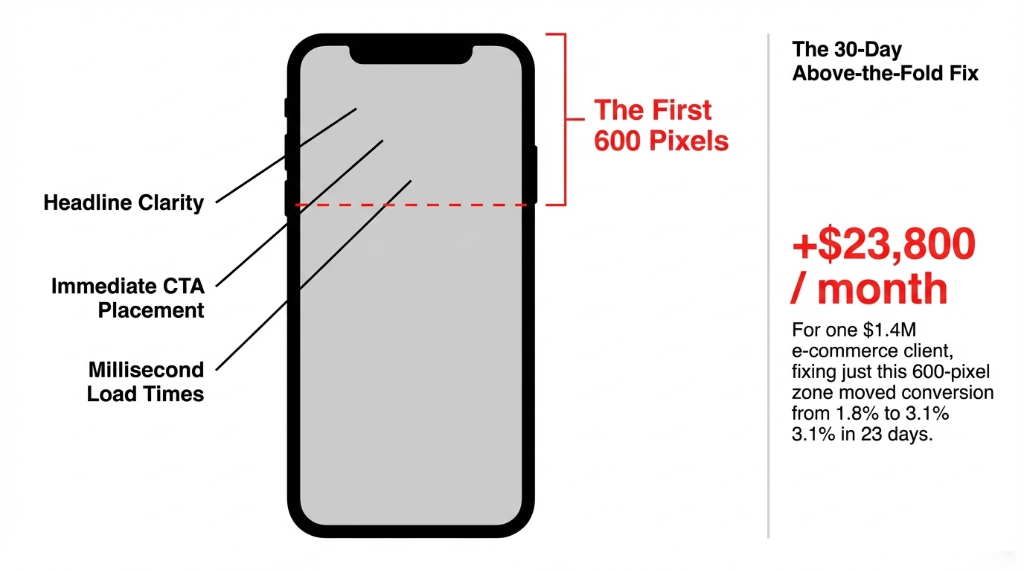The 30-Day Above-the-Fold Fix &mdash; the first 600 pixels covering headline clarity, immediate CTA placement, and millisecond load times recovered $23,800 per month for a $1.4M e-commerce client