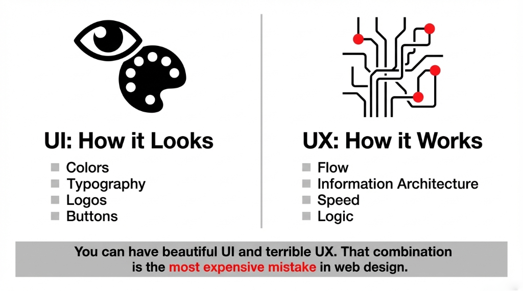 UI vs UX comparison &mdash; UI is how your site looks (colors, typography, logos, buttons) while UX is how it works (flow, information architecture, speed, logic). Having beautiful UI and terrible UX is the most expensive mistake in web design.