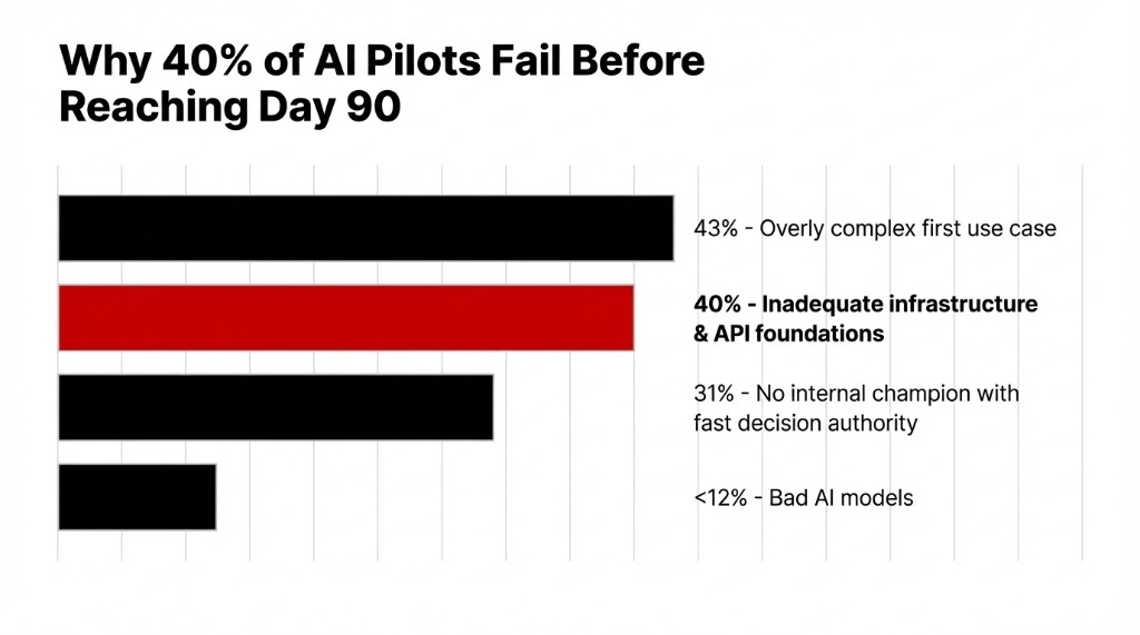 Why 40 percent of AI pilots fail before reaching day 90 showing overly complex use cases and inadequate infrastructure