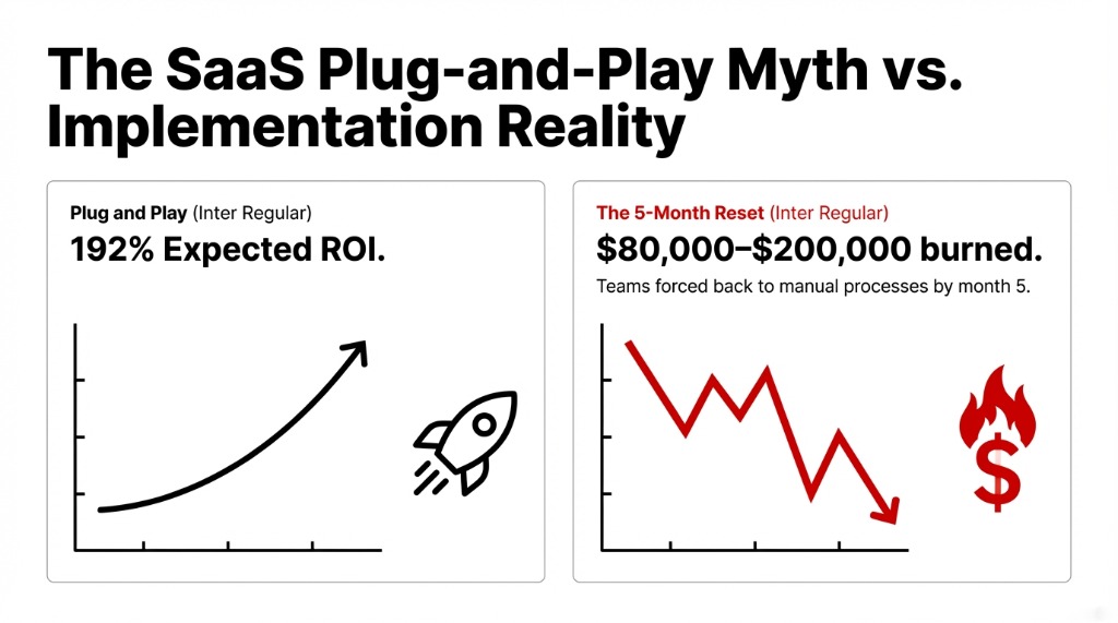 The SaaS Plug-and-Play Myth versus Implementation Reality showing 192 percent expected ROI versus 80000 to 200000 dollars burned