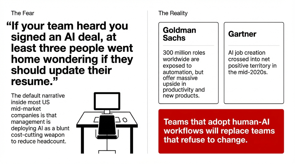 The Fear vs The Reality. Left panel titled The Fear shows a quote: If your team heard you signed an AI deal, at least three people went home wondering if they should update their resume. Below: The default narrative inside most US mid-market companies is that management is deploying AI as a blunt cost-cutting weapon to reduce headcount. Right panel titled The Reality shows two research boxes: Goldman Sachs estimates 300 million roles worldwide are exposed to automation but offer massive upside in productivity and new products. Gartner notes AI job creation crossed into net positive territory in the mid-2020s. A red banner at the bottom reads: Teams that adopt human-AI workflows will replace teams that refuse to change.