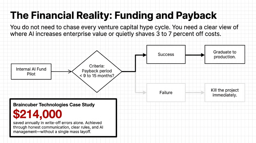 The Financial Reality: Funding and Payback. A flowchart starting with Internal AI Fund Pilot leading to a decision diamond: Criteria: Payback period less than 9 to 15 months? If Success, the arrow leads to Graduate to production. If Failure, the arrow leads to Kill the project immediately. Below is a dark bordered case study box: Braincuber Technologies Case Study. $214,000 saved annually in write-off errors alone. Achieved through honest communication, clear rules, and AI management, without a single mass layoff. You do not need to chase every venture capital hype cycle. You need a clear view of where AI increases enterprise value or quietly shaves 3 to 7 percent off costs.