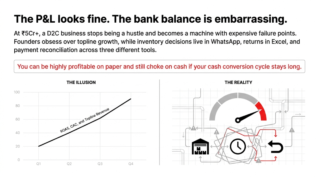 The P&L looks fine. The bank balance is embarrassing. - At 5Cr+, a D2C business stops being a hustle and becomes a machine with expensive failure points. The Illusion (upward trend line of ROAS, CAC and topline revenue) vs The Reality (complex pipe leaks, speed gauges, and cash conversion cycles). You can be highly profitable on paper and still choke on cash.