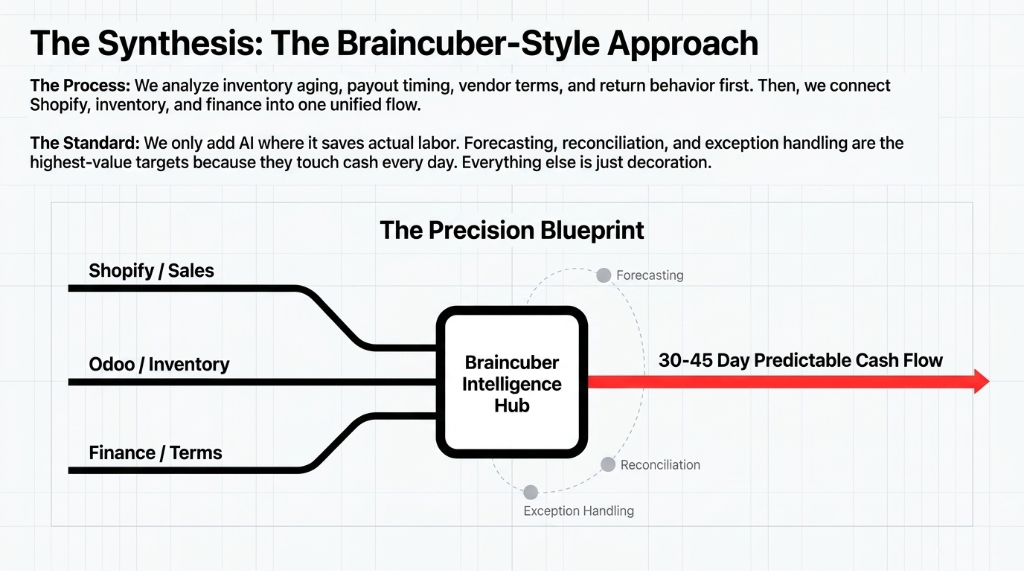 The Synthesis: The Braincuber-Style Approach - The Process: analyze inventory aging, payout timing, vendor terms, return behavior. The Standard: add AI only where it saves actual labor. The Precision Blueprint: Shopify/Sales, Odoo/Inventory, Finance/Terms feed into Braincuber Intelligence Hub, delivering 30-45 Day Predictable Cash Flow.