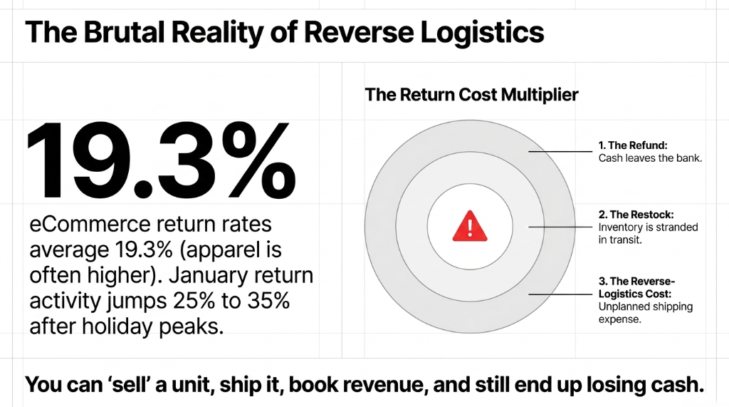 The Brutal Reality of Reverse Logistics - 19.3% eCommerce return rates average. January returns jump 25% to 35% after holiday peaks. The Return Cost Multiplier: 1. The Refund: Cash leaves the bank. 2. The Restock: Inventory is stranded in transit. 3. The Reverse-Logistics Cost: Unplanned shipping expense. You can sell a unit, ship it, book revenue, and still lose cash.