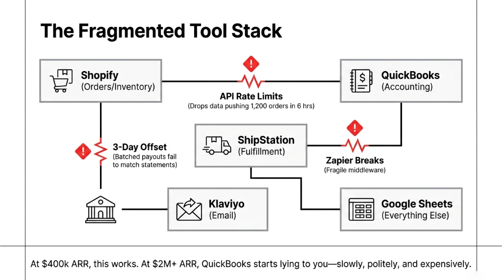 The Fragmented Tool Stack showing Shopify for orders connected to QuickBooks for accounting with API Rate Limits dropping data pushing 1200 orders in 6 hours - ShipStation for fulfillment with Zapier breaks as fragile middleware - Google Sheets for everything else - 3-Day Offset where batched payouts fail to match statements - Klaviyo for email - At 400k ARR this works at 2M ARR QuickBooks starts lying to you slowly politely and expensively