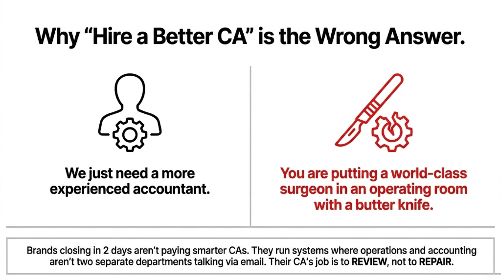 Why Hire a Better CA is the Wrong Answer - We just need a more experienced accountant versus You are putting a world-class surgeon in an operating room with a butter knife - Brands closing in 2 days run systems where operations and accounting are not two separate departments - Their CA job is to REVIEW not to REPAIR