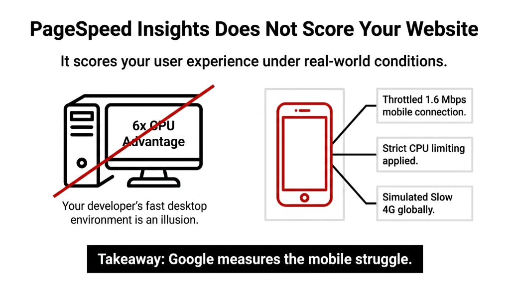 PageSpeed Insights Does Not Score Your Website - It scores your user experience under real-world conditions - Desktop with 6x CPU Advantage crossed out because your developer fast desktop environment is an illusion - Mobile phone with throttled 1.6 Mbps connection strict CPU limiting applied and simulated Slow 4G globally - Takeaway Google measures the mobile struggle