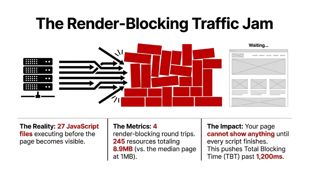 The Render-Blocking Traffic Jam - The Reality 27 JavaScript files executing before the page becomes visible - The Metrics 4 render-blocking round trips 245 resources totaling 8.9MB versus the median page at 1MB - The Impact Your page cannot show anything until every script finishes pushing Total Blocking Time past 1200ms