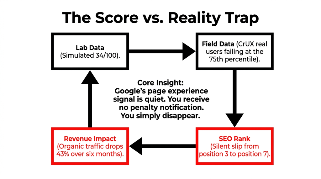 The Score vs Reality Trap - Lab Data simulated 34 out of 100 feeds into Field Data where CrUX real users fail at the 75th percentile which impacts SEO Rank with silent slip from position 3 to position 7 causing Revenue Impact with organic traffic drops 43 percent over six months - Core Insight Google page experience signal is quiet you receive no penalty notification you simply disappear