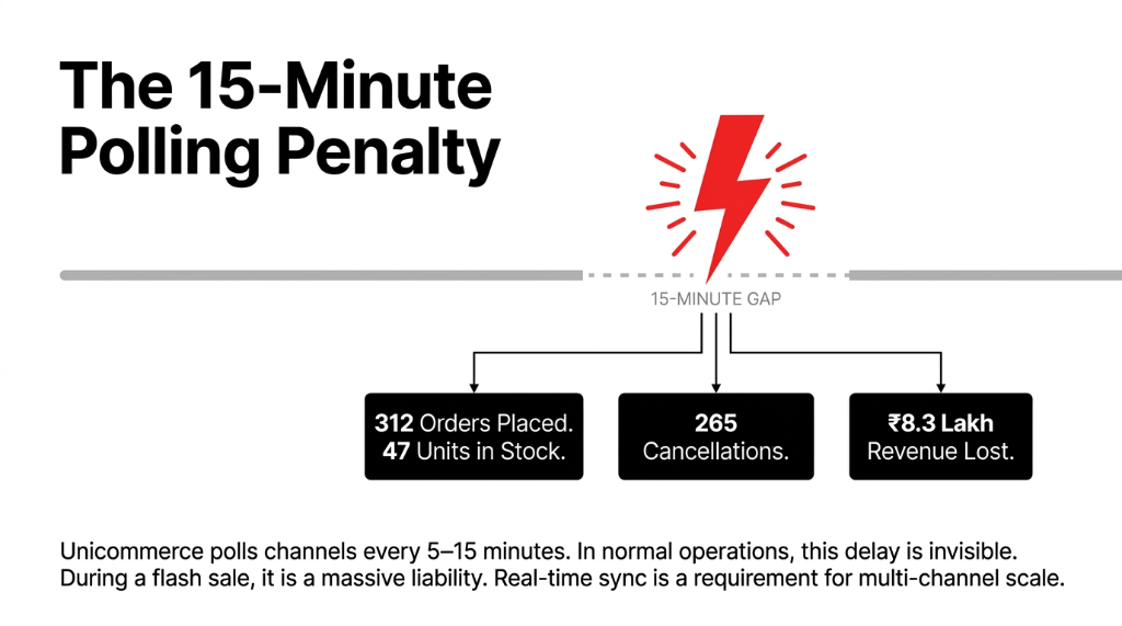 The 15-Minute Polling Penalty - during a 15-minute gap 312 orders placed with only 47 units in stock resulting in 265 cancellations and 8.3 lakh revenue lost - Unicommerce polls channels every 5 to 15 minutes causing massive liability during flash sales