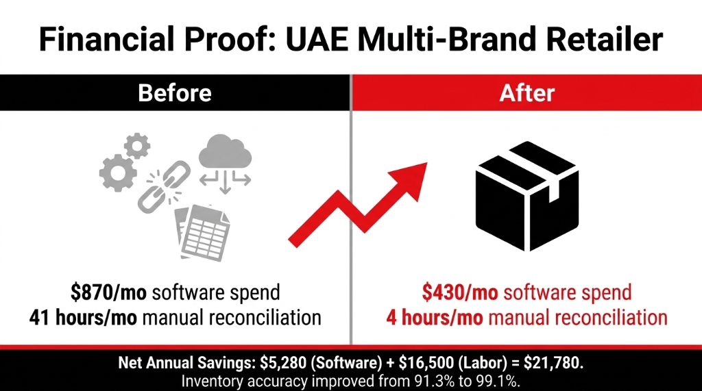 Financial Proof UAE Multi-Brand Retailer - Before: $870 per month software spend and 41 hours per month manual reconciliation - After: $430 per month software spend and 4 hours per month manual reconciliation - Net Annual Savings $21,780 - Inventory accuracy improved from 91.3% to 99.1%
