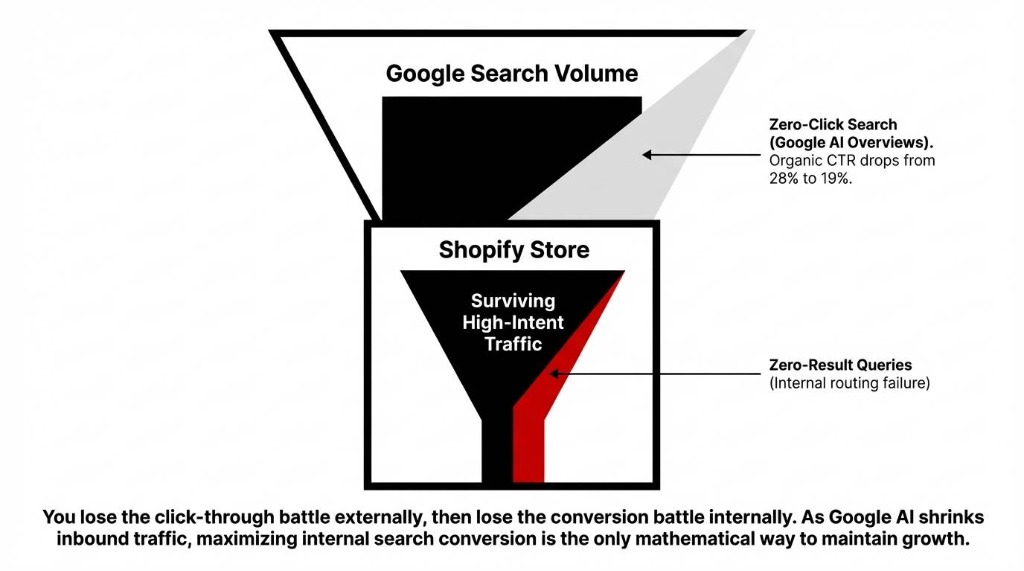 Google Search Volume Funnel / Shopify Store Funnel. Zero-click search externally, zero-result queries internally.