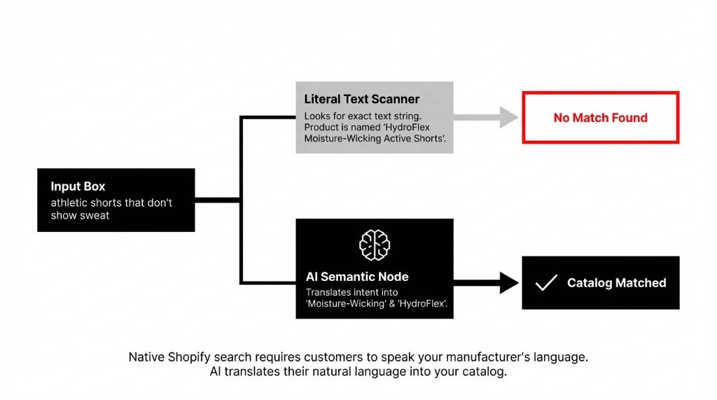 Literal Text Scanner vs AI Semantic Node. AI translates natural language intent into catalog matches.