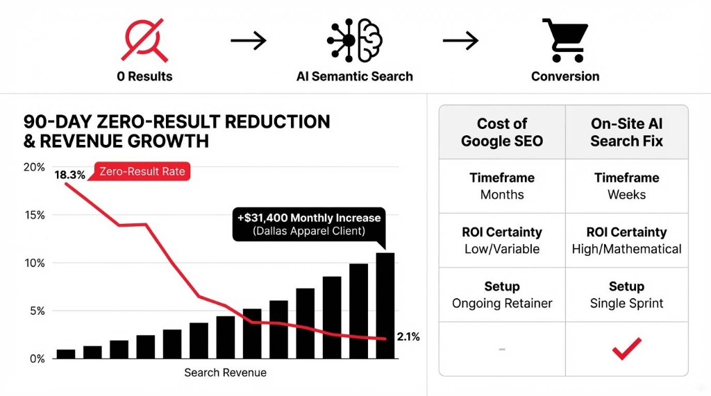 90-day Zero-Result Reduction & Revenue Growth dashboard showing a drop from 18.3% to 2.1%.