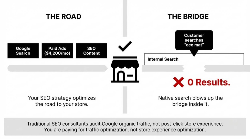 The Road (SEO) vs The Bridge (Internal Search). SEO optimizes the road, Native search blows up the bridge inside.